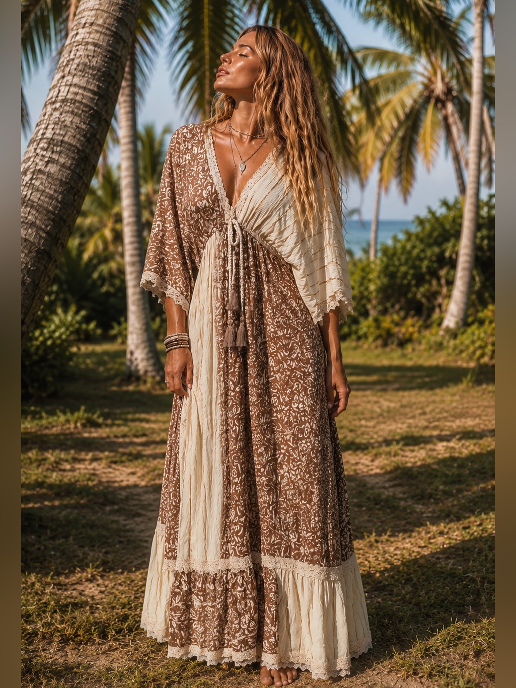 Zury Bohemian Two-Tone Brown And Cream Maxi Dress